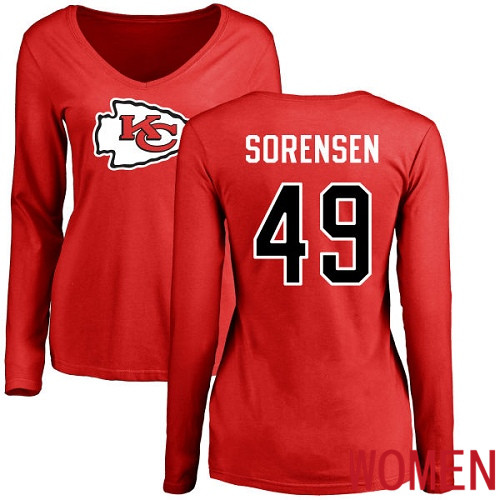 Women Kansas City Chiefs #49 Sorensen Daniel Red Name and Number Logo Slim Fit Long Sleeve NFL T Shirt->youth nfl jersey->Youth Jersey